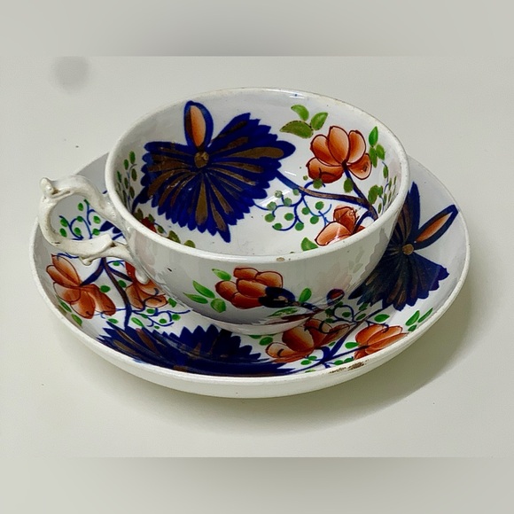 19th Century Antique Gaudy Welsh Butterfly Pattern Hand Painted Cup & Saucer Set - Picture 4 of 15